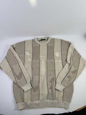 Vintage Sterling Golf Knit Sweater Men's XXL Made in USA Beige Textured Retro